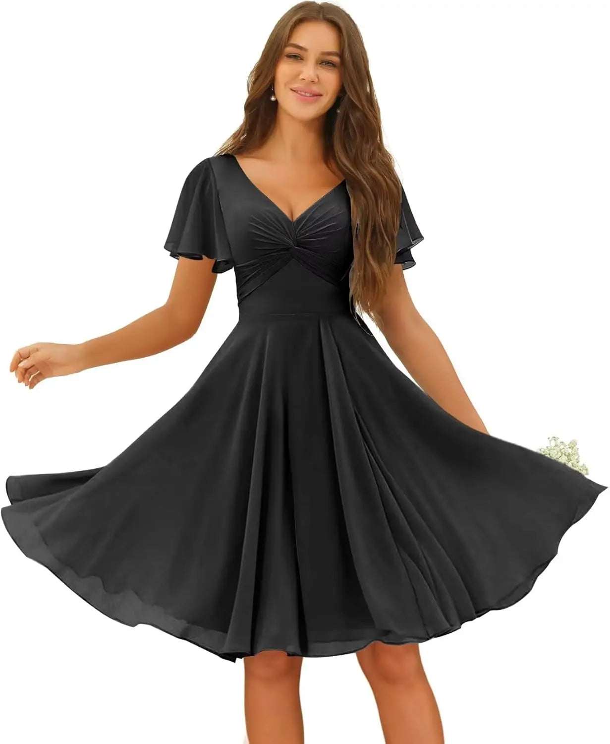 Women's Pleated Chiffon Flutter Sleeves Junior Bridesmaid Dresses with Pockets V Neck Short Formal Dress Wedding Party Gowns