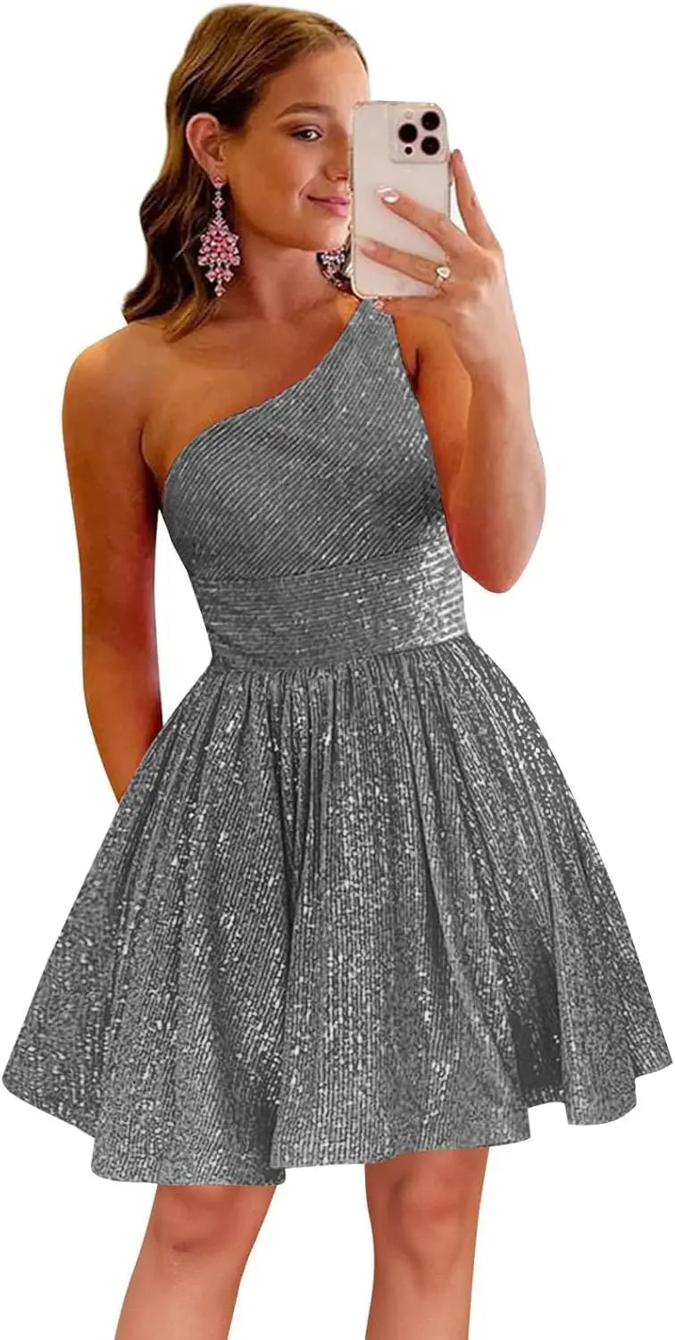 Vestido de fiesta corto con lentejuelas y un hombro brillante para mujeres y niñas. 