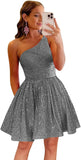 Vestido de fiesta corto con lentejuelas y un hombro brillante para mujeres y niñas. 