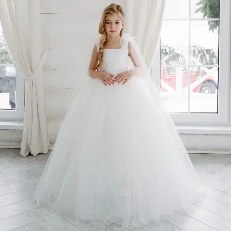 Vestido de niña de las flores personalizado, de tul blanco con lazo, sin mangas, para fiesta de cumpleaños, banquete, comunión, boda 