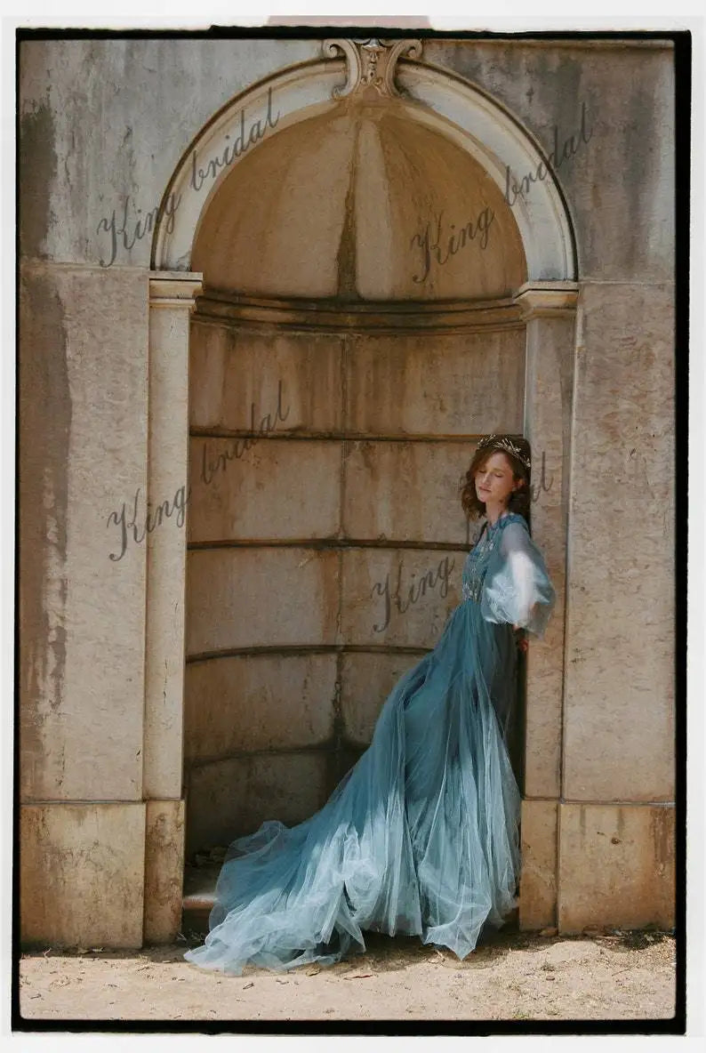 Voluminous tulle bridal Pale blue sleeves wedding dress Fairy hand embroidered  formal dress women elegant evening party dresses