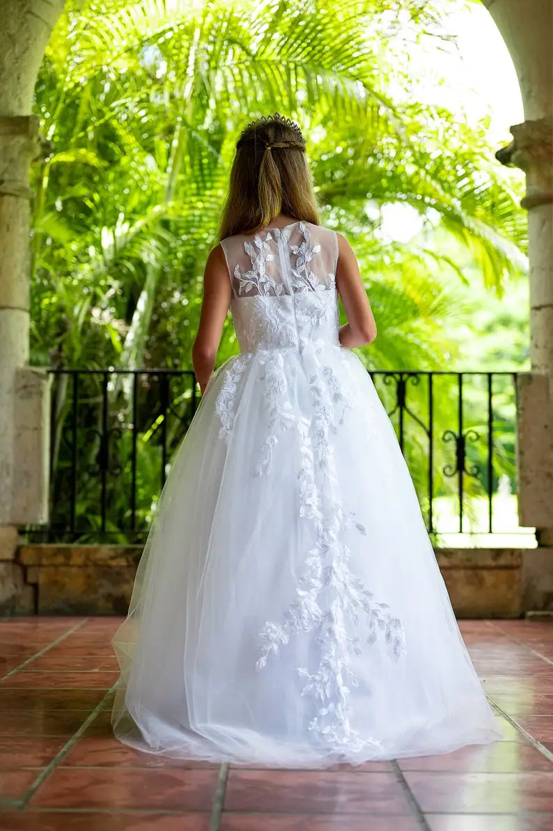 Langes elfenbeinfarbenes Blumenmädchenkleid, bodenlanges Kinderkleid, Spitzen-Tüllrock, Erstkommunionkleid, Ballkleid mit Applikationen 