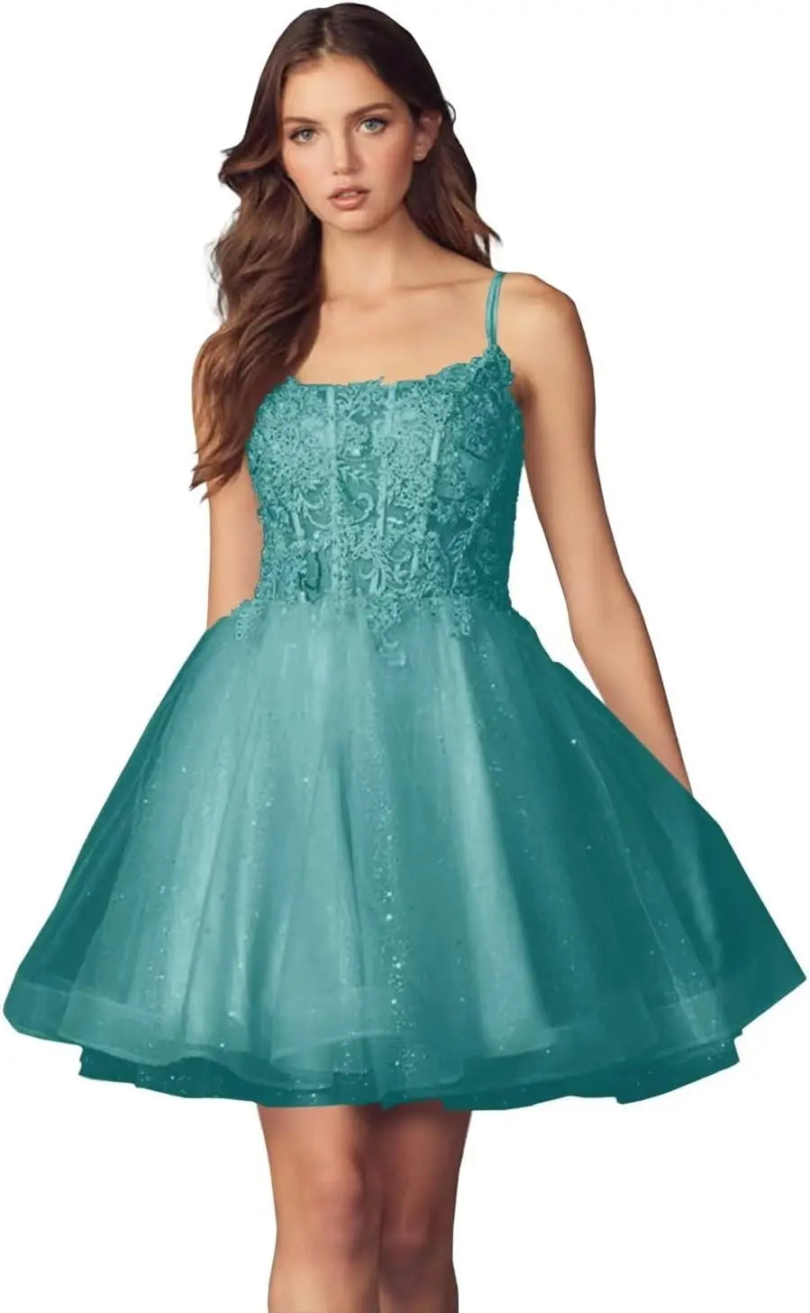 Kurzes Homecoming-Kleid mit Spitzenapplikationen aus Tüll für Teenager mit Spaghettiträgern, Cocktail-, Abschlussball- und Partykleider 