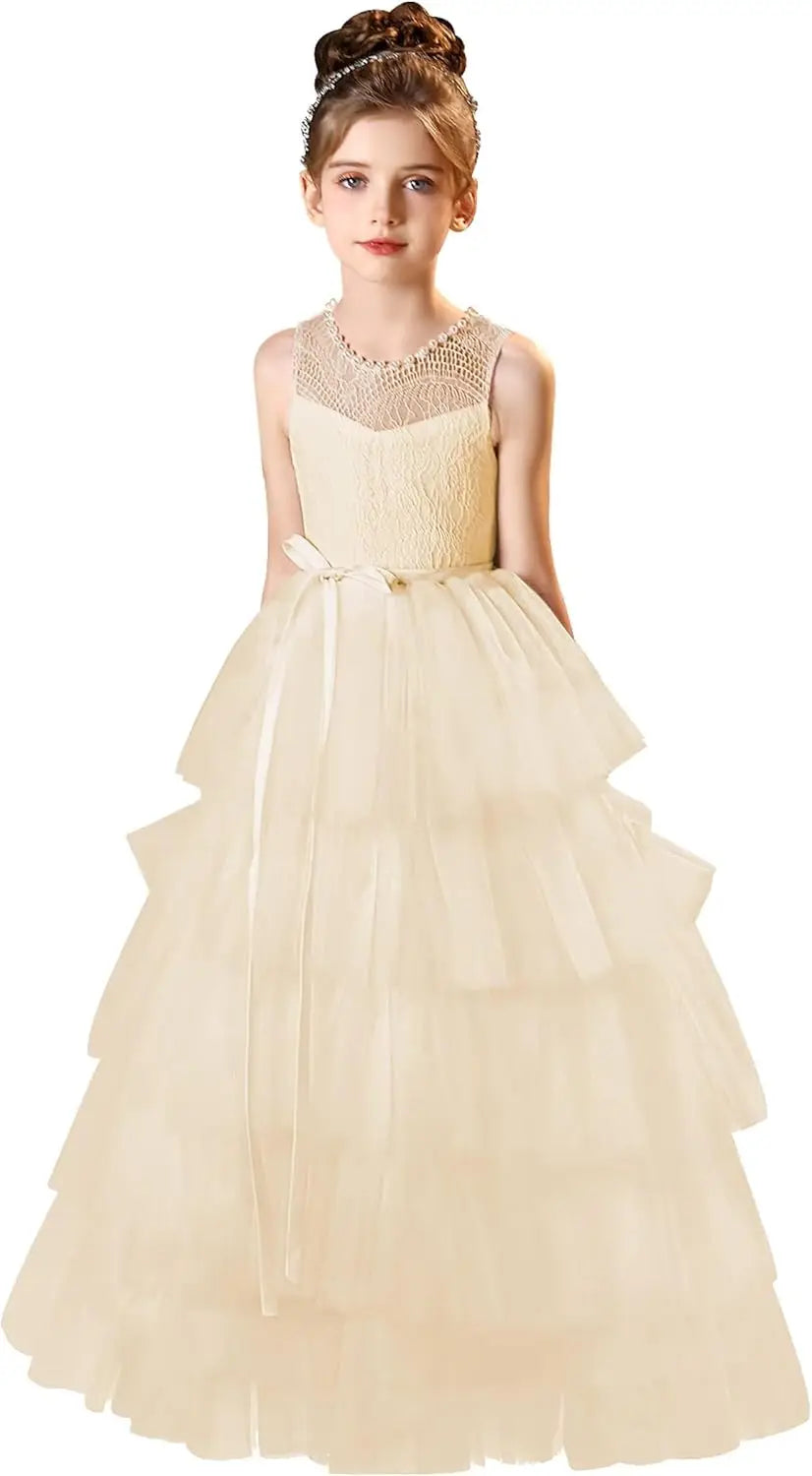 Vestidos de tul para niña de las flores para boda, vestido de encaje de primera comunión, vestidos de fiesta de desfile en capas para niñas 