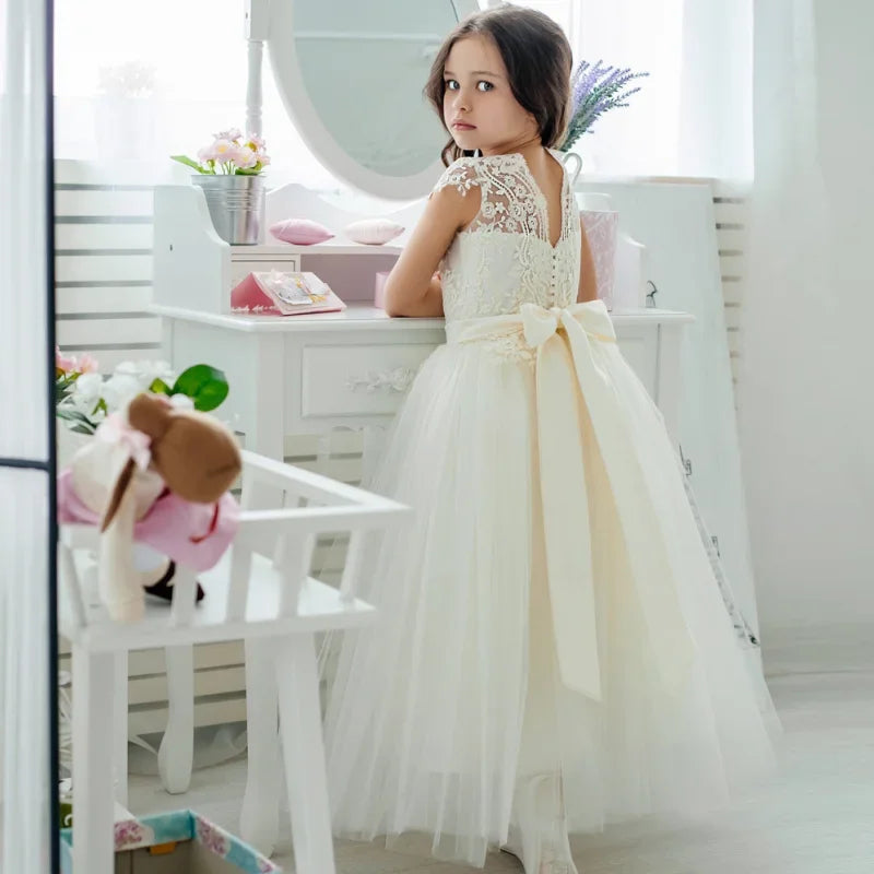 Apliques color marfil con vuelo y cinturón de lazo, sin mangas, para bodas, fiestas de cumpleaños, banquetes, vestidos de primera comunión y vestidos de niña de las flores. 