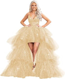 High Low Pailletten Tüll Ballkleider Mehrlagiges Romantisches Ballkleid für Damen Funkelndes Abendkleid Abendkleider 
