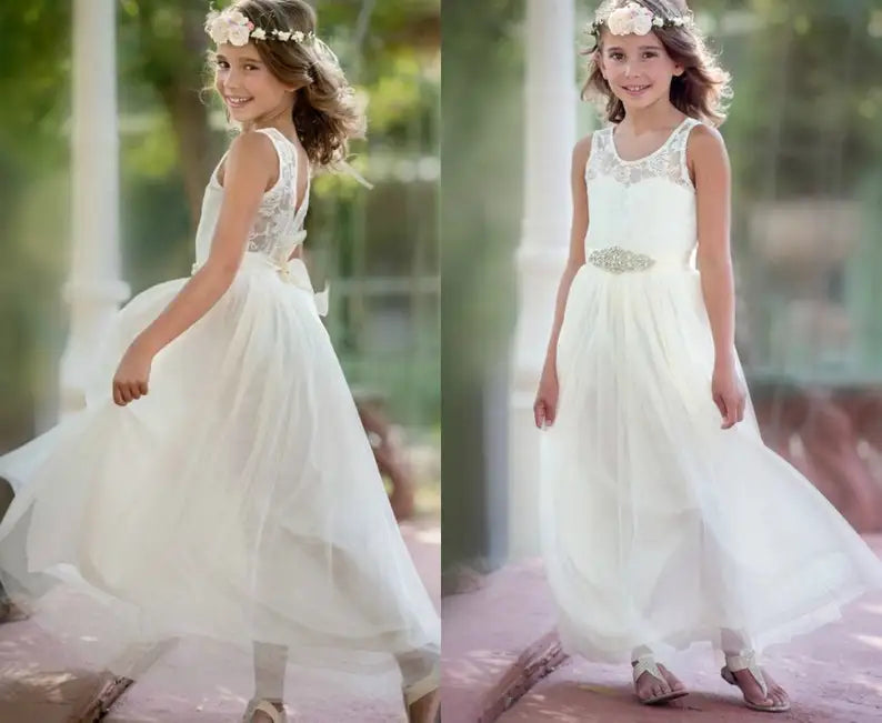 Blumenmädchenkleider Böhmische Blumenmädchenkleider Tüll Erstkommunionkleid Kleider Strandparty Mädchen Junior Brautjungfernkleider 