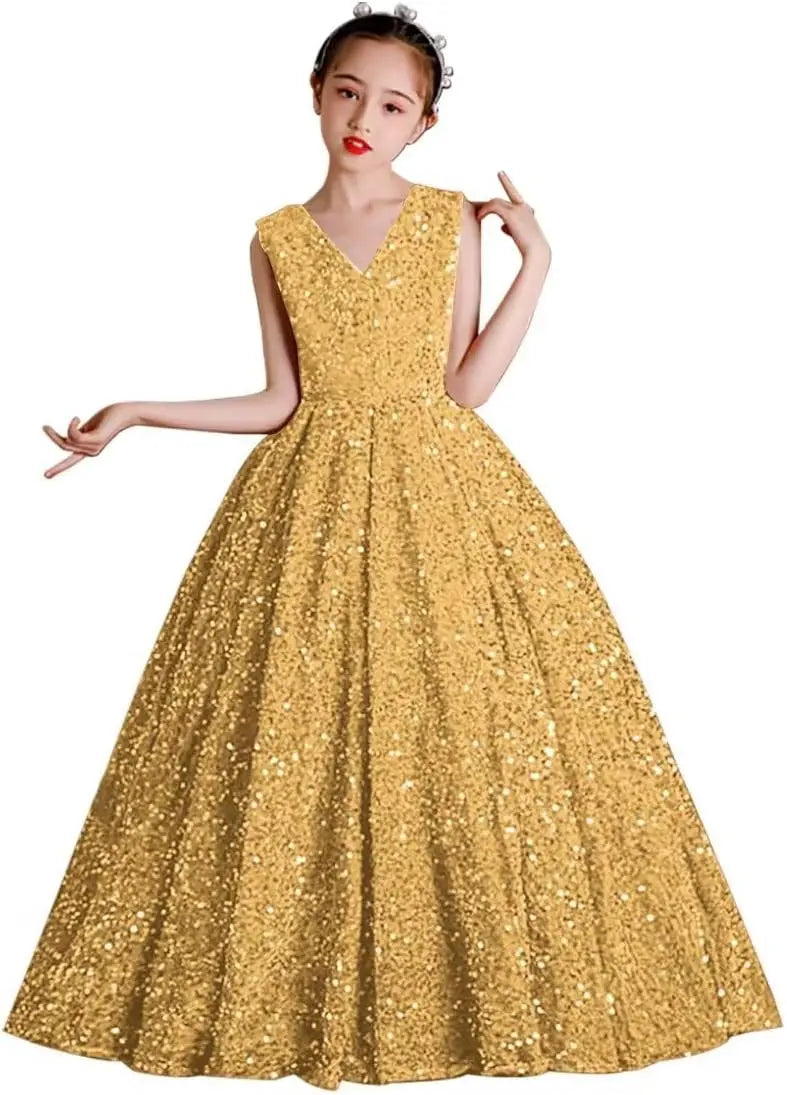 Vestidos de desfile con lentejuelas y cuello en V para niñas, vestidos de baile brillantes para niñas de las flores, vestidos de princesa para niñas pequeñas, vestido de comunión 