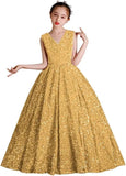 Vestidos de desfile con lentejuelas y cuello en V para niñas, vestidos de baile brillantes para niñas de las flores, vestidos de princesa para niñas pequeñas, vestido de comunión 