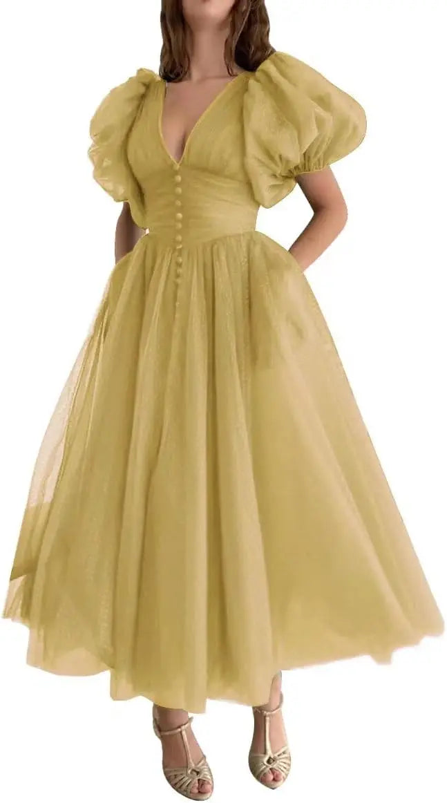 Puffy Sleeve Prom Dresses for Women Dotted Tulle V Neck Formal Evening Party Gowns Tea Length Bridesmaid Dresses