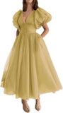 Puffy Sleeve Prom Dresses for Women Dotted Tulle V Neck Formal Evening Party Gowns Tea Length Bridesmaid Dresses