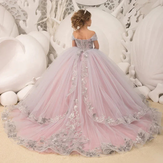 Vestidos de princesa para banquete de cumpleaños, vestidos de niña de las flores de tul morado claro, abullonados con apliques estampados, sin mangas para boda 