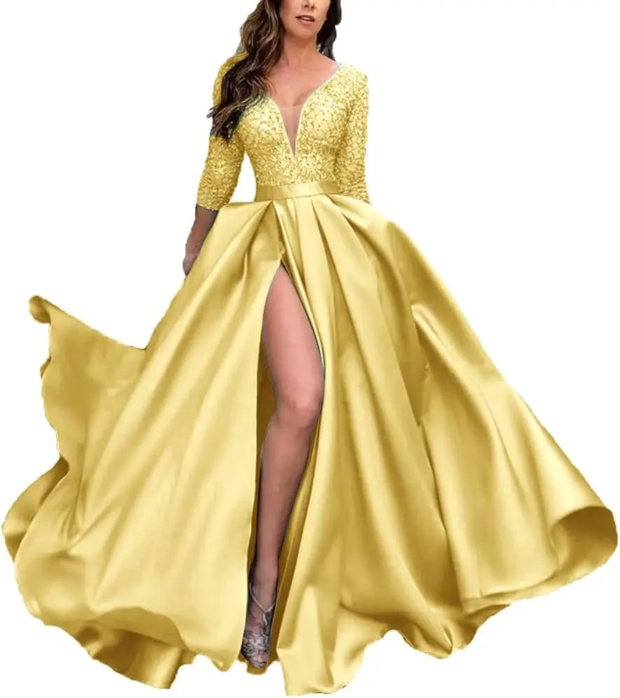 Deep V-Neck Satin Prom Dress for Women, 3/4 Sleeve Formal Evening Gown with Pockets, Elegant Party Dress
