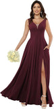 Custom Made Women's Simple Chiffon Bridesmaid Dresses with Pockets Long V Neck Formal Evening Prom Gowns Dresses with Slit