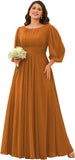 Chiffon Long Sleeves Bridesmaid Dresses Scoop Neck Pleated A Line Long Formal Dresses for Women Plus Size wedding guest dress