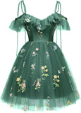 Vestidos cortos de fiesta para adolescentes con bordado de flores, tul, tirantes finos, largo hasta la rodilla, con margaritas y estampado floral. 