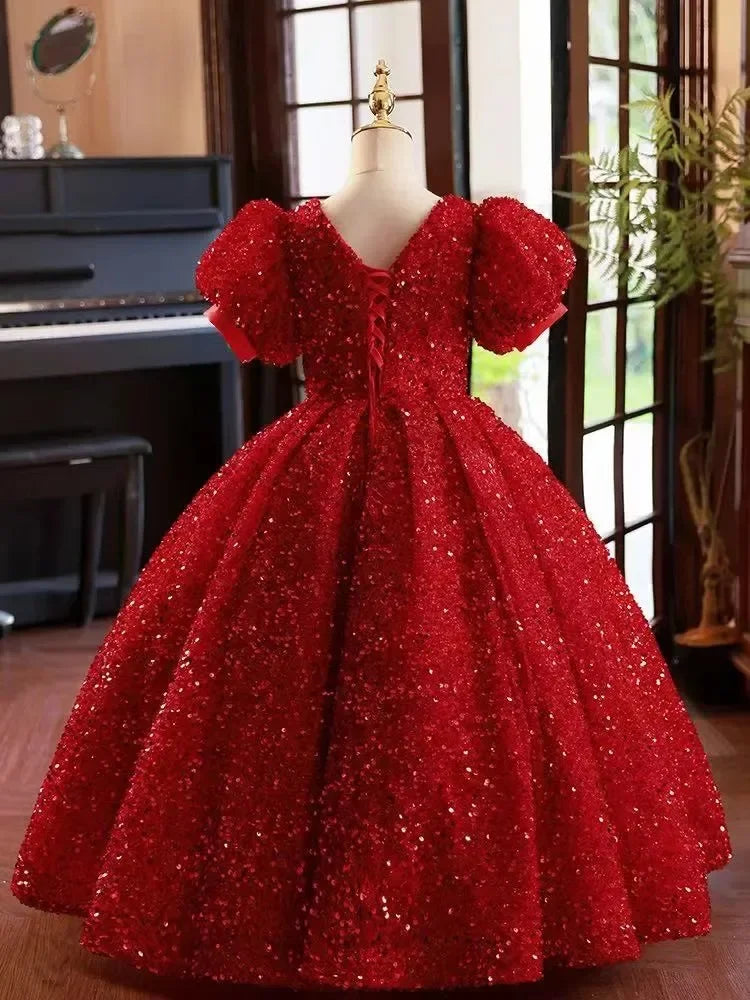 Communion Party Gowns Shining Red Flower Girl Dresses for Wedding Sequins short Sleeve Floor Length Princess Kids Birthday Party