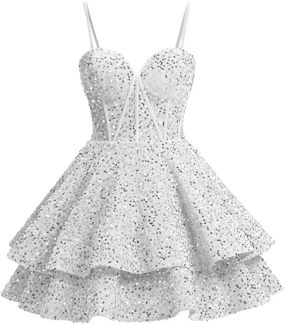 Vestidos de fiesta de graduación con lentejuelas brillantes para adolescentes, tirantes finos, corsé, vestido de cóctel con capas brillantes 