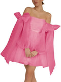 Vestidos de fiesta de organza con hombros descubiertos y lazo, de manga larga, para graduación, de corte A, formales, para cóctel o fiesta. 