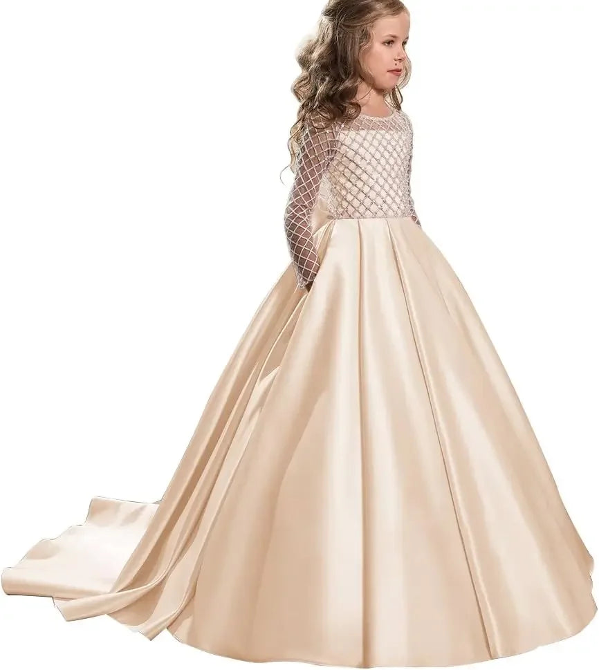 Ball With Bow Satin Floor Length Girl Kids Birthday Party First Holy Communion Gowns Elegant Flower Girl Dresses for Wedding