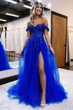 Vestido de fiesta de tul con hombros descubiertos, abertura, apliques de encaje brillante, corsé, vestido formal de fiesta de noche, vestidos de fiesta para mujer, noche 