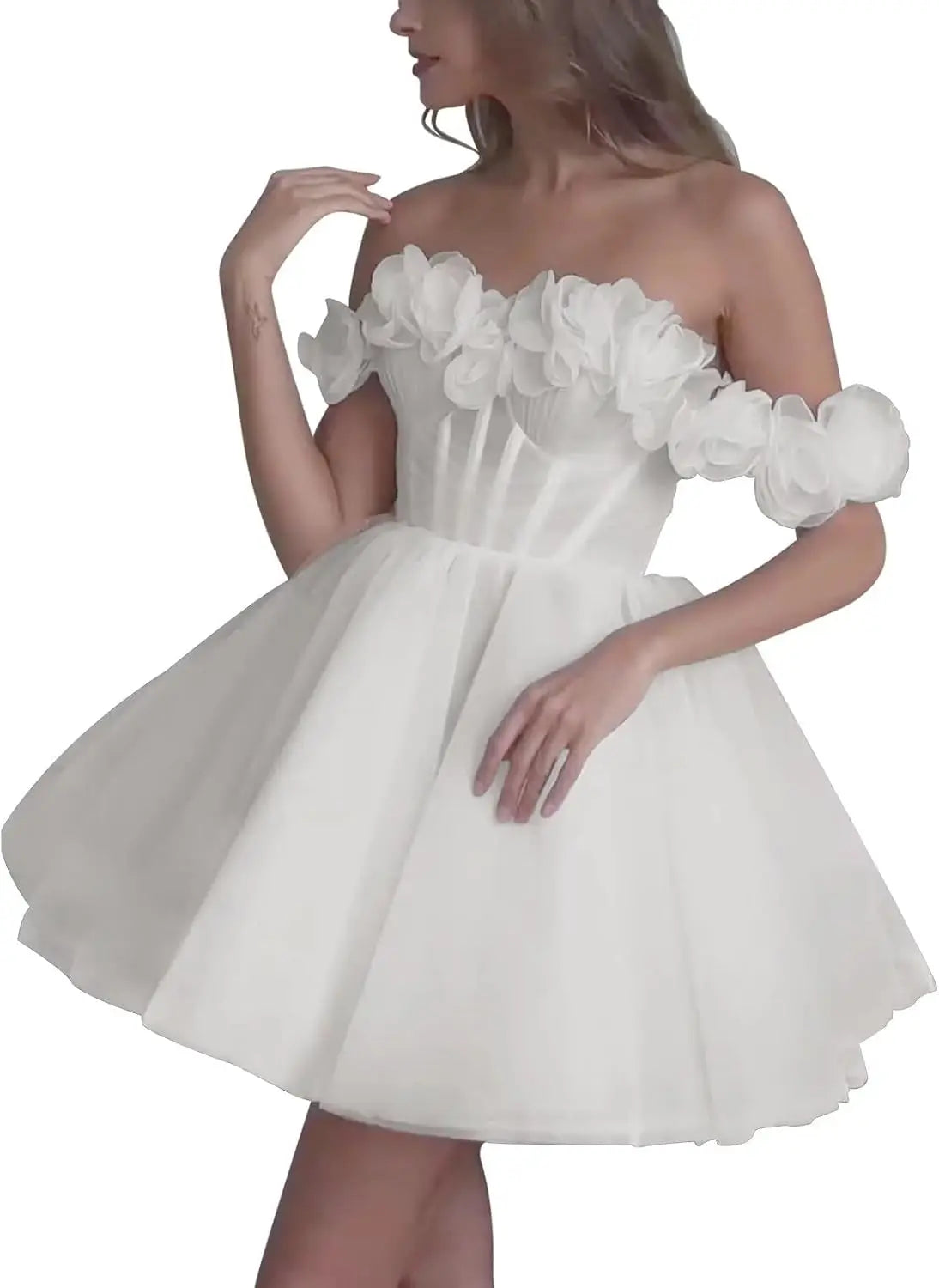 Kurze Brautkleider für die Braut, Strand, Spitzenapplikation, Tüll, trägerlos, Boho-Korsett, Mini-Brautkleid, Satin-Brautkleid mit Ärmeln 