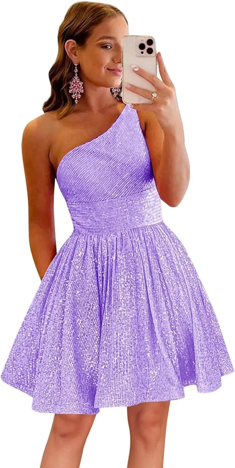 Vestido de fiesta corto con lentejuelas y un hombro brillante para mujeres y niñas. 