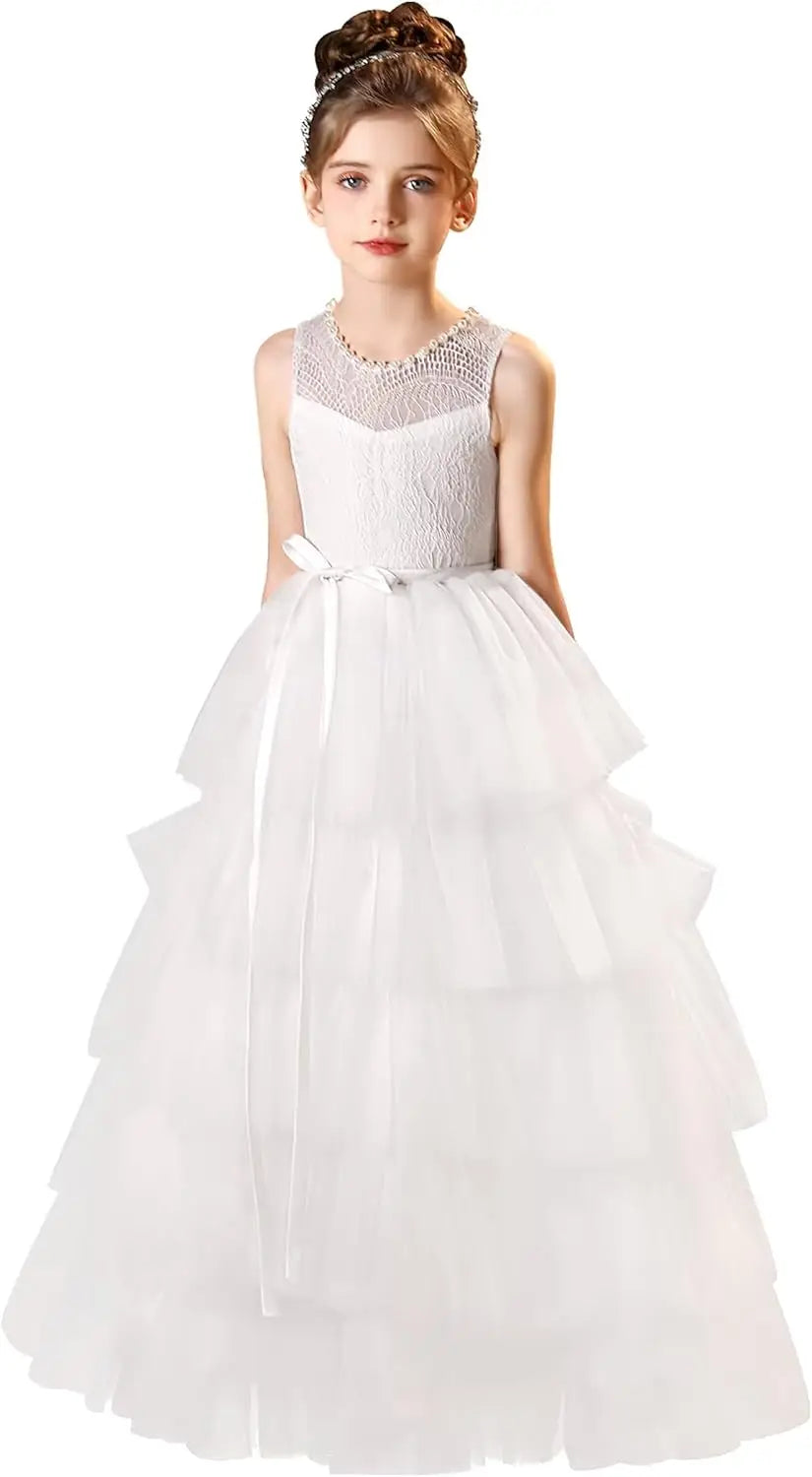 Vestidos de tul para niña de las flores para boda, vestido de encaje de primera comunión, vestidos de fiesta de desfile en capas para niñas 