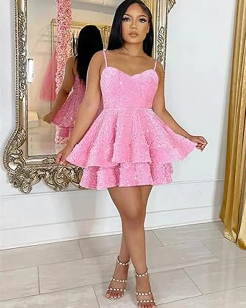 Tiered Sequin Homecoming Dresses Short for Teens 2025 Spaghetti Straps A-Line Prom Dress mini dress  party dresses