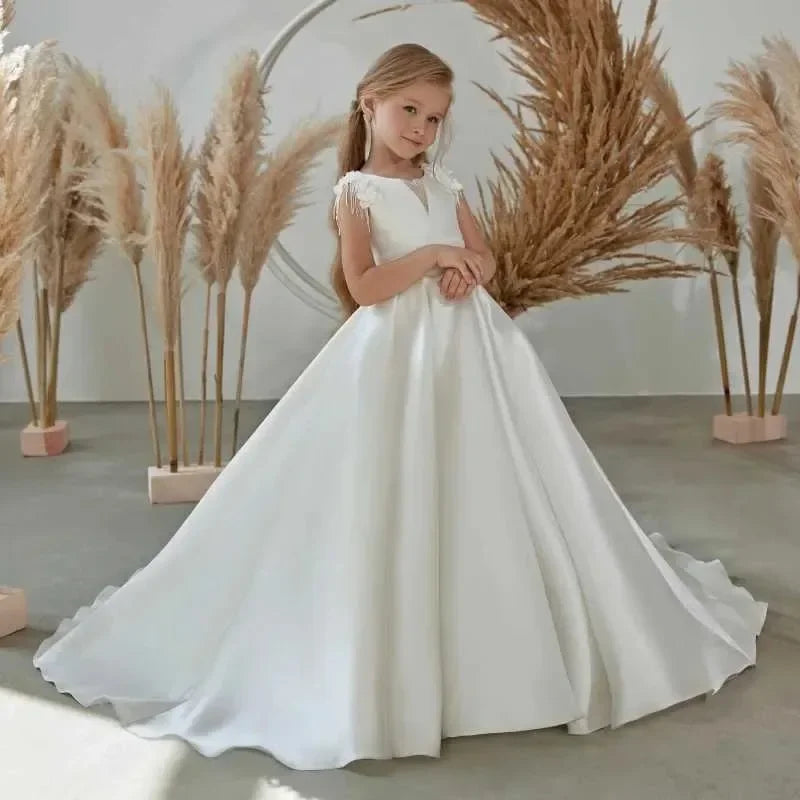 Satin Beaded Floor Length Girls Kids Birthday Princess Party Communion Party Gowns White Sequins Flower Girl Dresses for Wedding