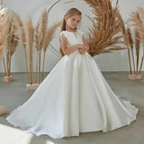 Satin Beaded Floor Length Girls Kids Birthday Princess Party Communion Party Gowns White Sequins Flower Girl Dresses for Wedding
