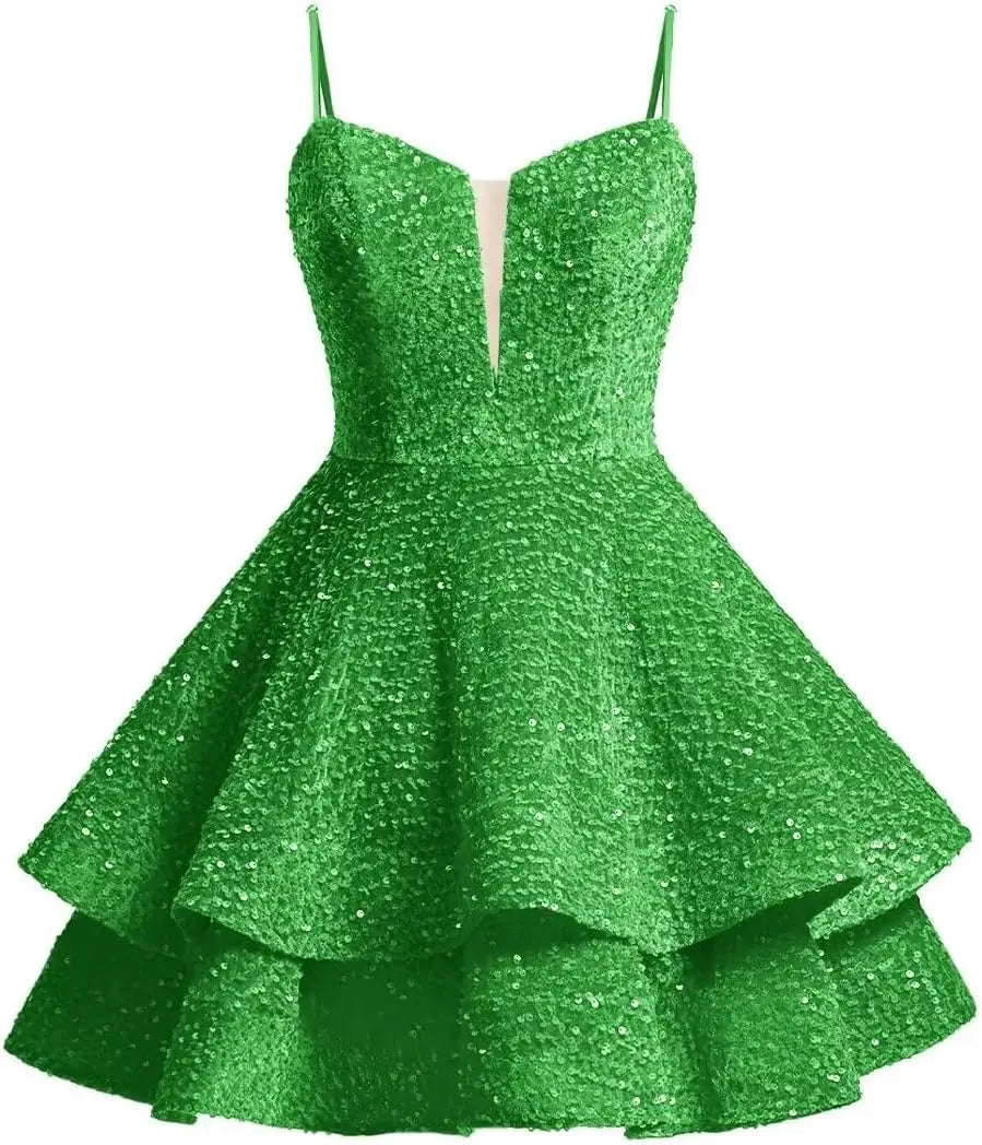 Vestidos de fiesta cortos con lentejuelas brillantes para adolescentes, de Pretty Girls Club, 2025, con tirantes finos, minivestido de cóctel formal con capas 