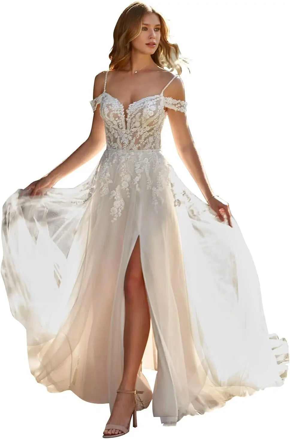 Brautkleider für die Braut Langes Spitzenapplikations-Tüll-Brautkleid Boho-Strandhochzeitskleid weißes Kleid Maßgeschneiderte Brautkleider 