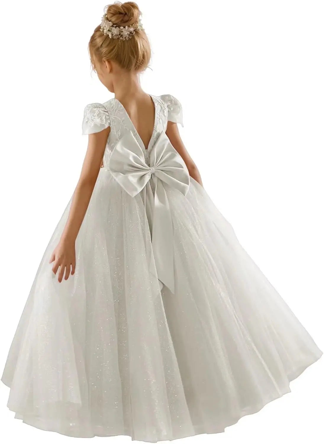 Flower Girls Lace Cap Sleeve Dress for Wedding Puffy Tulle Back V-Neck Pageant Prom Ball Gown with Bow princess dress