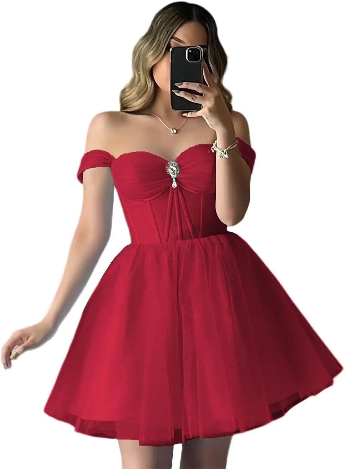Vestidos de fiesta de tul brillante con hombros descubiertos, vestidos de fiesta cortos para adolescentes, vestido de cóctel de corte A con escote en forma de corazón y vuelo. 