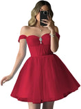 Vestidos de fiesta de tul brillante con hombros descubiertos, vestidos de fiesta cortos para adolescentes, vestido de cóctel de corte A con escote en forma de corazón y vuelo. 