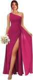 One Shoulder Bridesmaid Dresses for Women Long Ruched Chiffon A Line Formal Evening Dress with Slit prom dresses