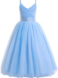 Vestido de tul con tirantes finos para niñas de flores, largo, corte A, para bodas, desfiles, princesas, fiestas de cumpleaños, bailes 