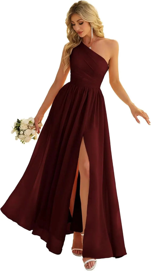 Women's One Shoulder Bridesmaid Dresses for Wedding Chiffon Side Split Reched Formal Evening Dress Sleeveless