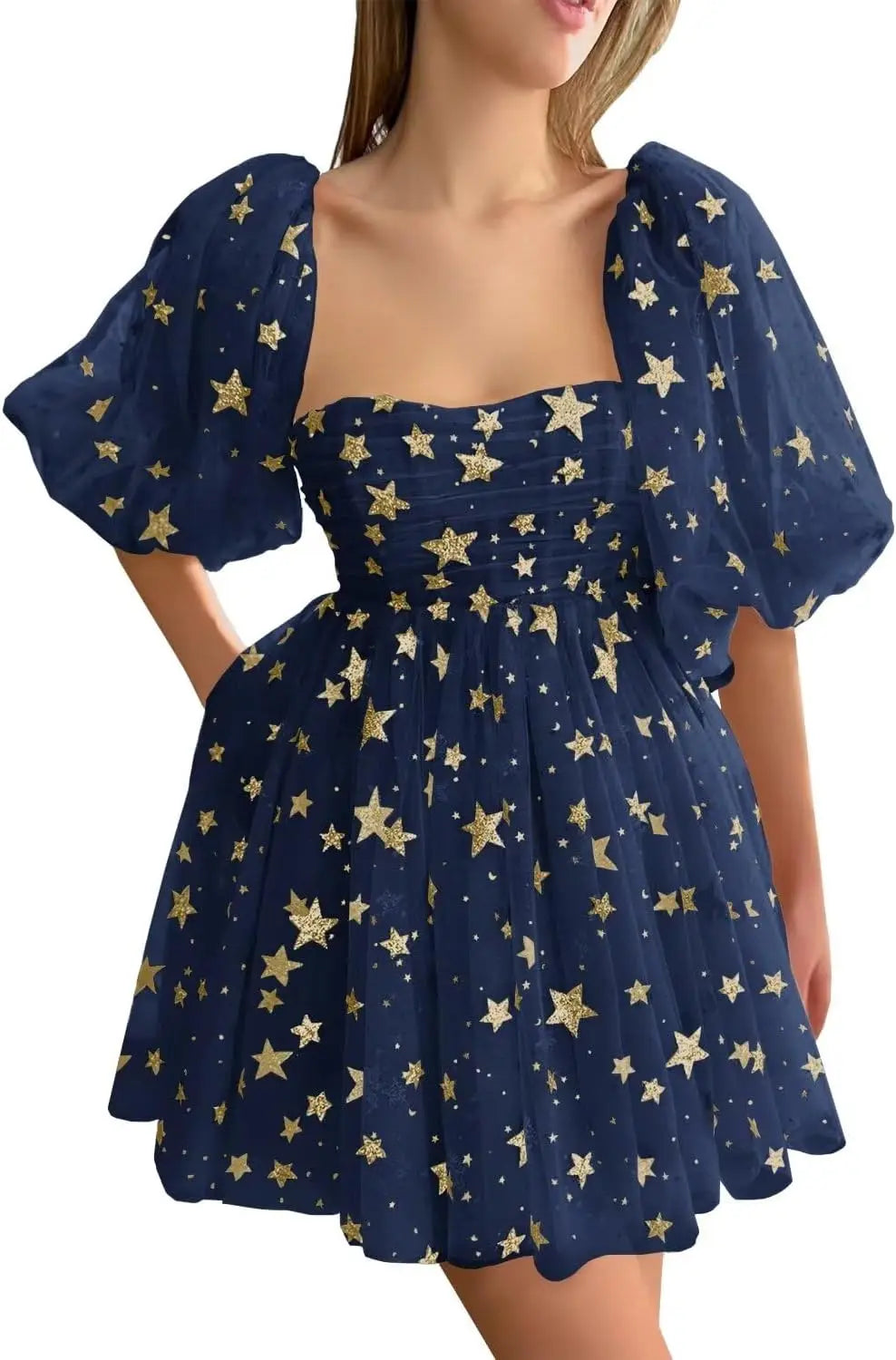 Vestidos de fiesta cortos de tul con estrellas brillantes, hechos a medida, para adolescentes, minivestido de fiesta con estrellas brillantes y mangas abullonadas, vestido formal para club. 
