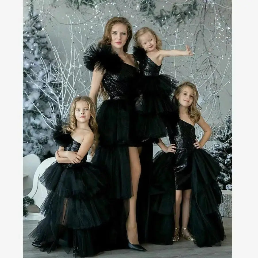 One Shoulder Sequin Pagent Dresses Girls Tulle Ball Gown Layered High Low Flower Girl Dress for Wedding princess dress