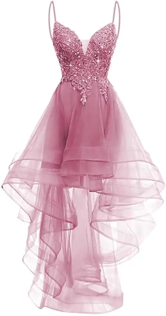 Lace Applique Homecoming Dresses 2025 High Low Spaghetti Straps Tulle Short Prom Dress for Teens Glitter Quinceanera Dress Gowns