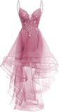 Lace Applique Homecoming Dresses 2025 High Low Spaghetti Straps Tulle Short Prom Dress for Teens Glitter Quinceanera Dress Gowns