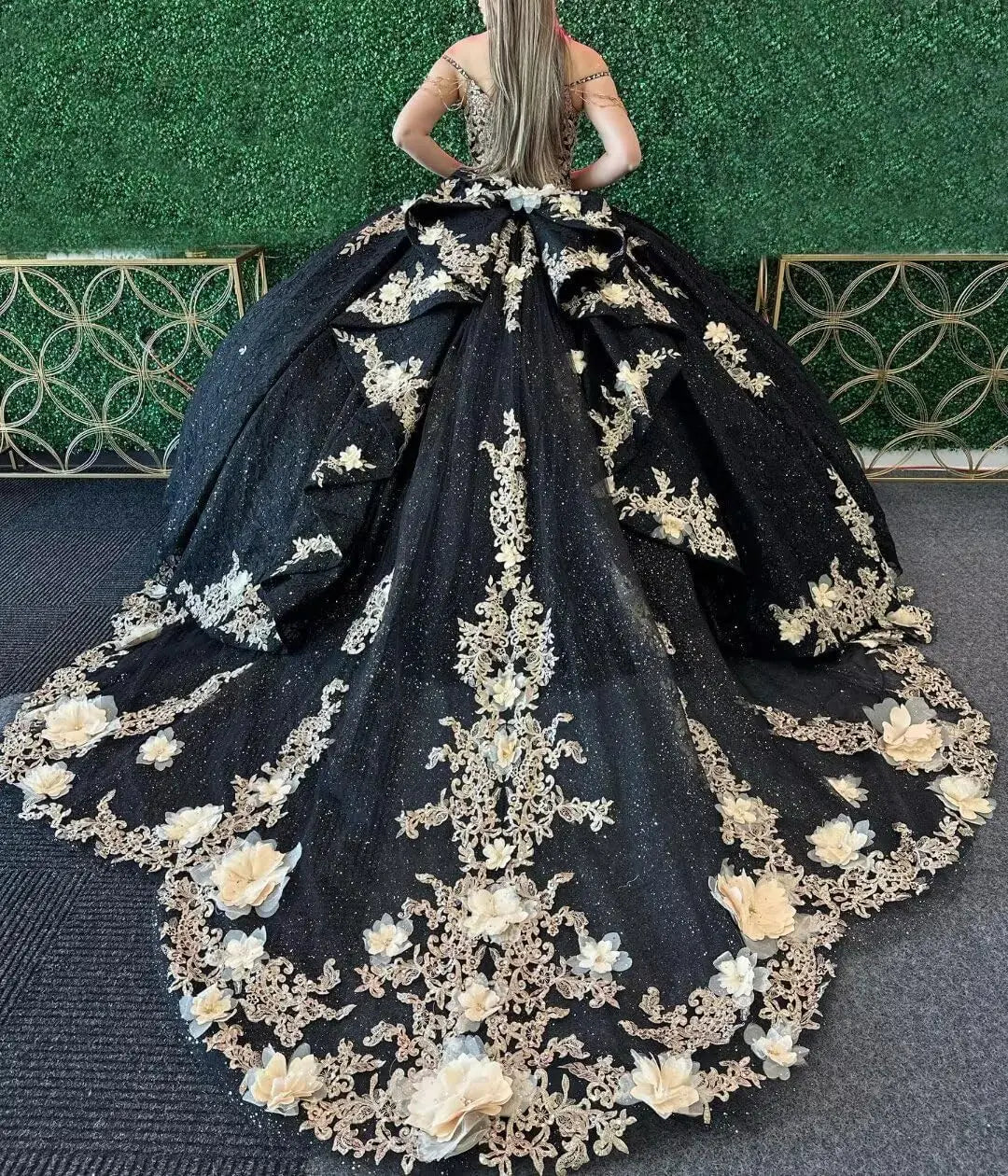 Gold Appliques Quinceanera Dresses with Train Spaghetti Strap Lace Sweet 16 Dresses Layered Ruffles Beaded Ball Gown