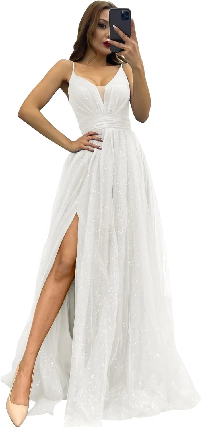2025 Sparkly Tulle Formal Prom Dress Pleated A-Line Ball Gown with Spaghetti Straps Slit for Women Evening Dresses