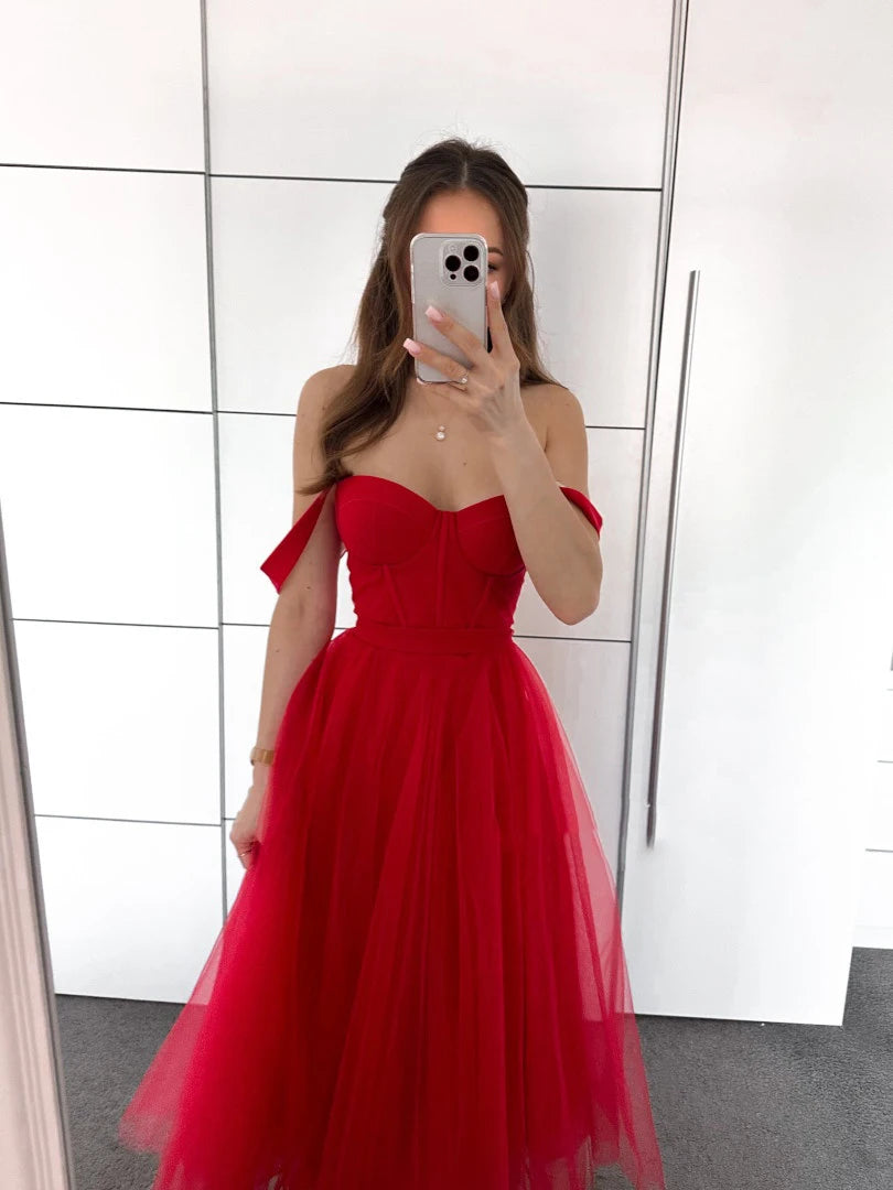 Tulle Tea-Length Prom Dresses High Quality Sweetheart Spaghetti Straps Party & Vacation Wear Elegant Plain A-line Evening Gowns