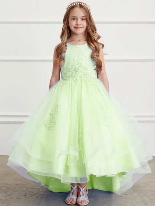 Vestidos de primera comunión para cumpleaños, vestidos de niña de las flores con apliques de flores de tul rosa y lazo, falda alta y baja sin mangas para boda 