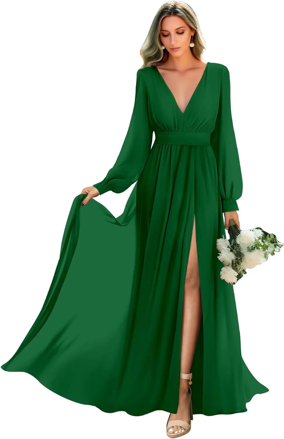 Long Sleeve Bridesmaid Dresses with Slit Pleated Wedding Party Gowns V Neck Chiffon Long Formal Dress evening dress