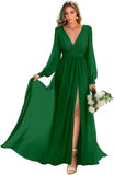 Long Sleeve Bridesmaid Dresses with Slit Pleated Wedding Party Gowns V Neck Chiffon Long Formal Dress evening dress