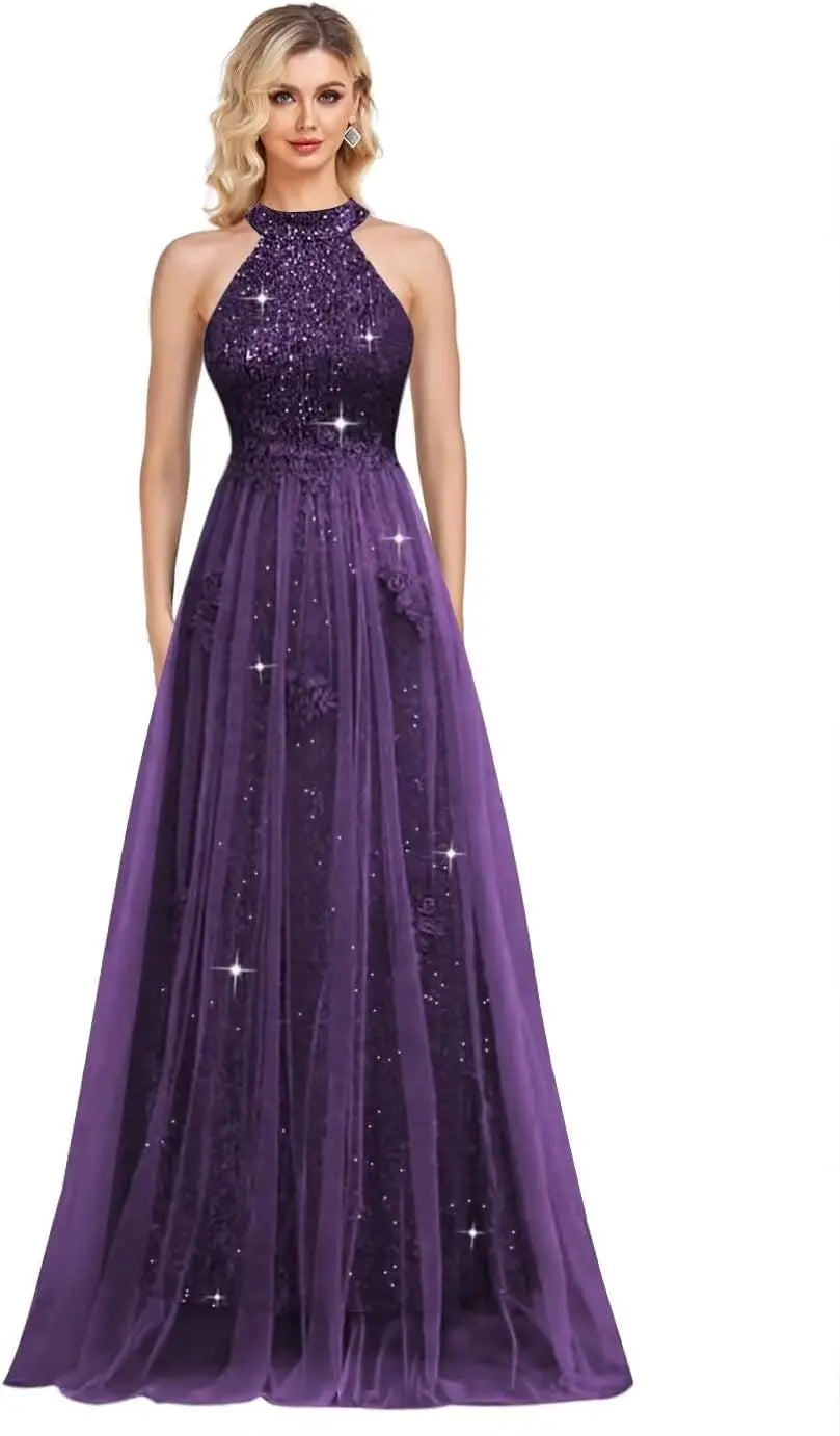 Vestidos de fiesta de lentejuelas con cuello halter y flores, hechos a medida, 2025, de tul brillante, corte A, para boda, fiesta formal de noche 